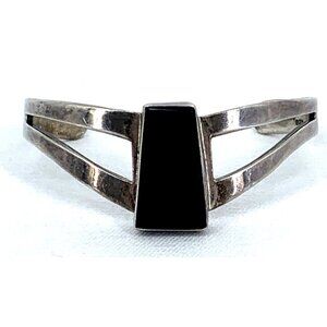 Black Onyx Sterling 925 Bracelet Mexico Fits 7" TE 21 Vintage Signed
